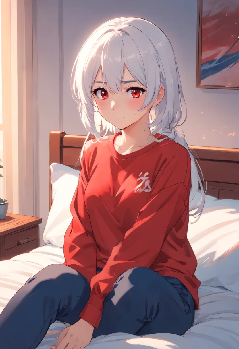 Girl with white hair and red pupils,Wear red cartoon long sleeves and long pants, Sitting on the bed and playing with your phone,Look down at your phone