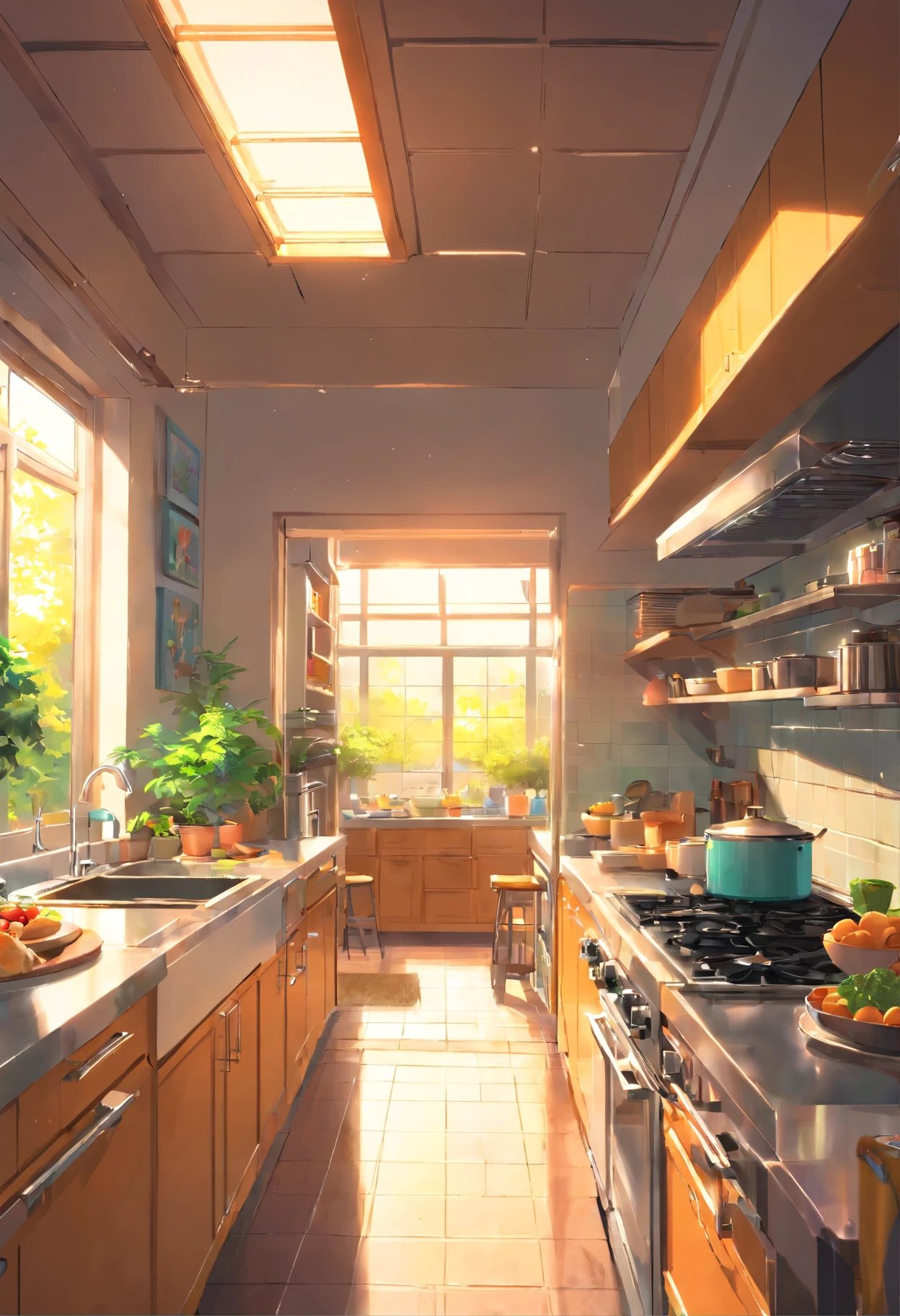 In the bright kitchen，(In the middle is the cooktop:1.4)，(tap:1.2)，cupboard, a range hood,Super detail, High details, high qulity