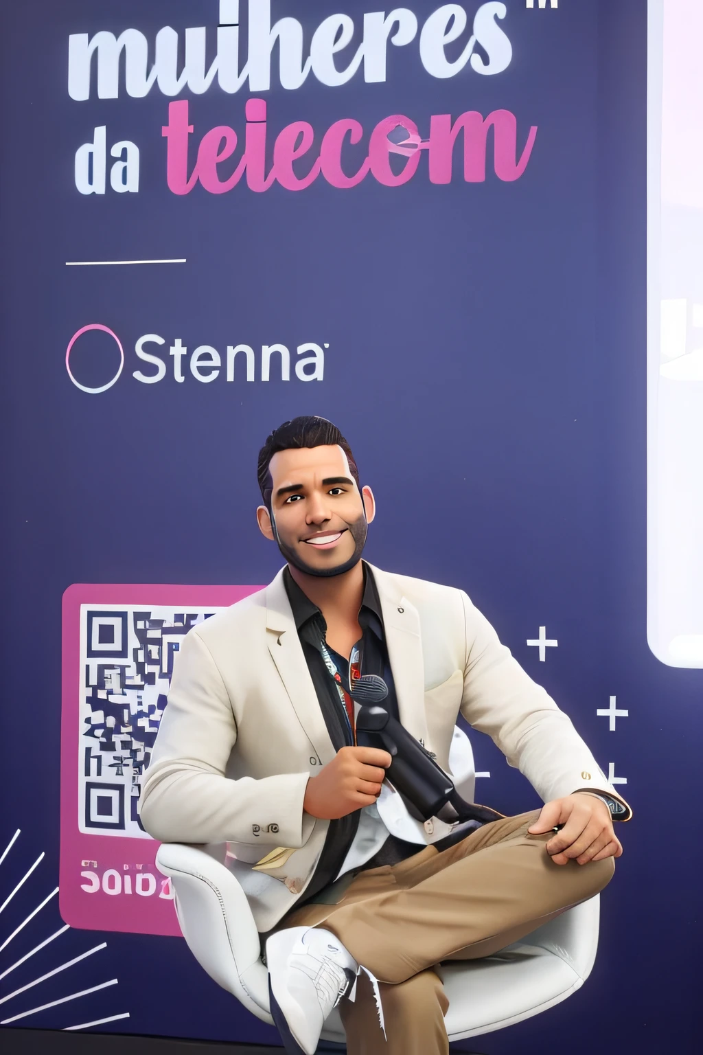 sentado em uma cadeira, with microphone in hand performing a lecture