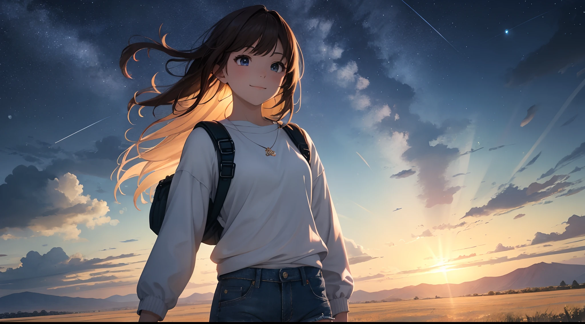 （人物：Seven pear plums）， {A brown-haired}， （tmasterpiece：1.2）， 1girll， Solo exhibition，cute smiling， Wide sky，the beautiful skyline，extensive grasslands，the extremely tense and dramatic pictures，the moving visual effects，the high-hanging Polaris，colorful natural glare。Girl in long sleeve top and denim shorts，Side backpack