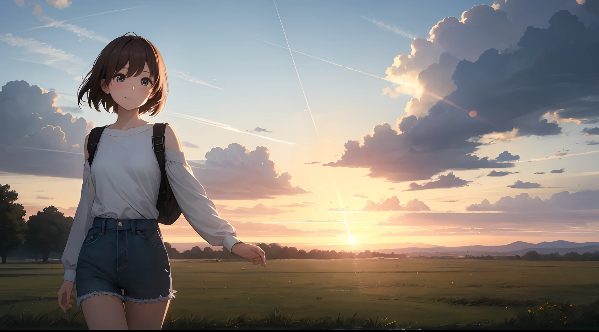 (人物:Seven pear plums), {A brown-haired}, (tmasterpiece:1.2), 1girll, Solo exhibition,cute smiling, Wide sky,the beautiful skyline,extensive grasslands,the extremely tense and dramatic pictures,the moving visual effects,the high-hanging Polaris,colorful natural glare。Girl in long sleeve top and denim shorts,Side backpack