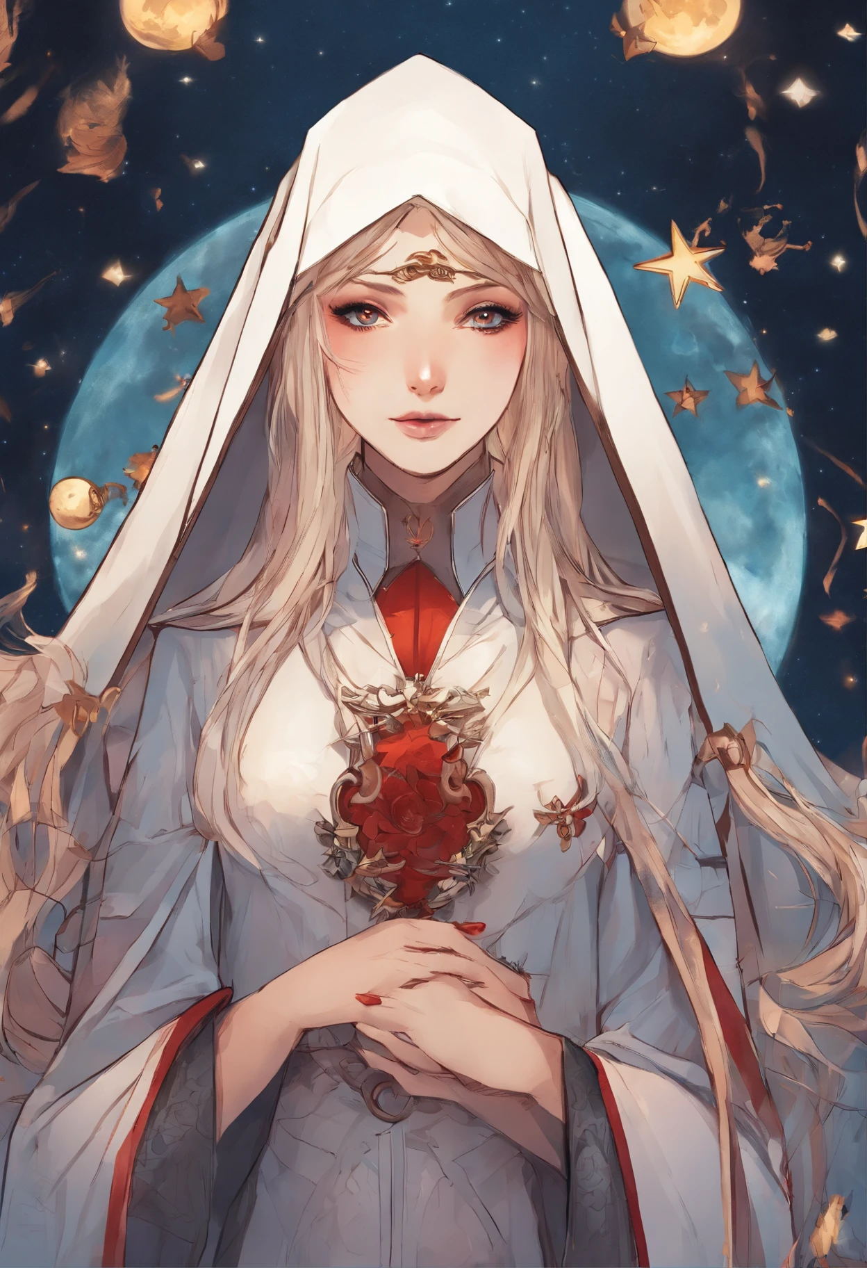 Exquisite beautiful woman photo (nun: 1.3) Vampire standing under the starry night sky on the porch of her monastery, Full body, Dynamic Angle (ultra-detailliert, masutepiece, Best Quality), hyperdetailed face (ultra-detailliert, masutepiece, Best Quality), Ultra Feminine, (pale skin: 1.3), Black hair, Wavy Hair, Dynamic eye color, Cold eyes, Glowing eyes, intense eyes, dark red lips, [tusk], Wearing the habit of a white nun (ultra-detailliert, masutepiece, Best Quality), Wearing a blue cloak (ultra-detailliert, masutepiece, Best Quality), long cloak, flowing cloak (ultra-detailliert, masutepiece, Best Quality), Wear high-heeled boots, Sky background full of stars, Moon, Flying bats, high details, Best Quality, 8K, [ultra-detailliert], masutepiece, Best Quality, (ultra-detailliert), Full body, Ultra Wide Shot, Photorealism, dark fantasy art, dark fantasy art, Gothic art, many stars, dark fantasy art, Gothic art, sense of terror, Blood Magic、with blush cheeks、succubus