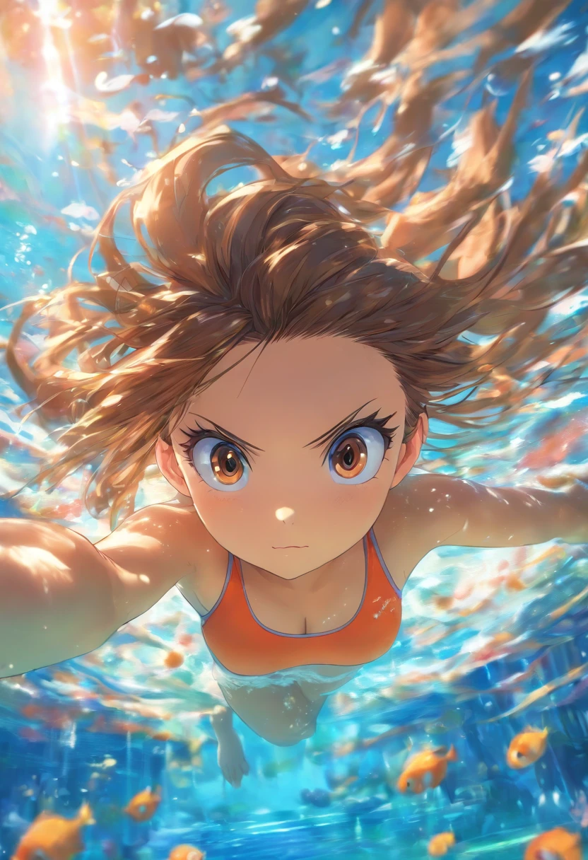 foreshortening, profundidade de campo, master part, best quality, 1girl, brown hair, olhos castanhos, cabelos longos, underwater, bolha de ar, sozinho, Olhando para o Viewer, school school swimsuit, swimming, luz solar fraca,