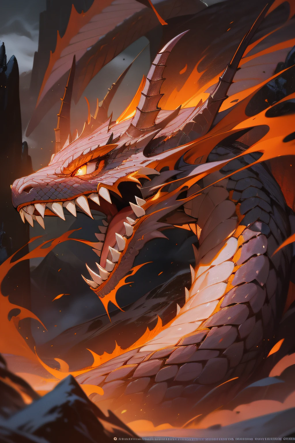 (best quality,highres),detailed black scales, mountain background, vibrant colors, fantasy theme, soft lighting, dragons, mist
