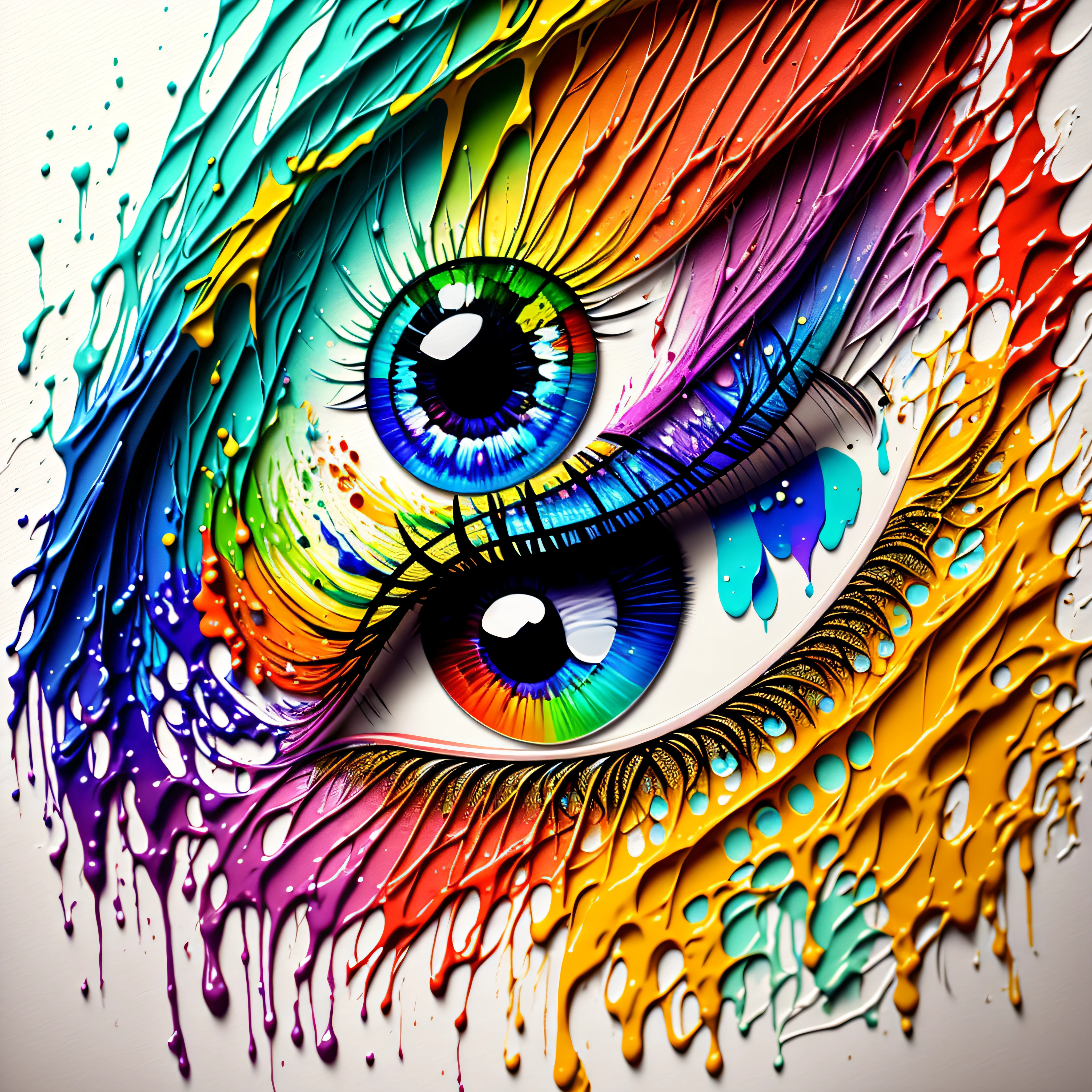 Radiant creations of rainbow eyes, with recycled paper, art painting, with abstract color brush strokes, with multicolor paint splashes, Creative art