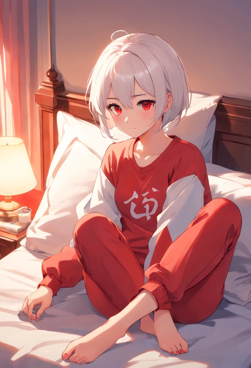 Girl with short white hair and red eyes，Wear red cartoon long-sleeved trousers, sit on a bed，Look down at your phone
