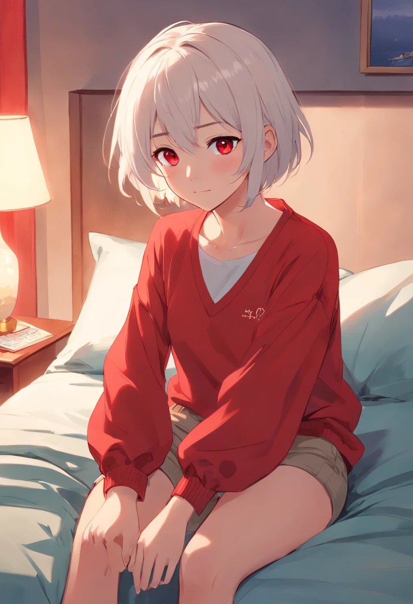 1girl, solo, a closed smile, scarlet red eyes, perky breast, short, thick thighs, grey hoodie, no pants, no underwear, laying on bed, wedding ring on finger, greyish white hair, modern home.