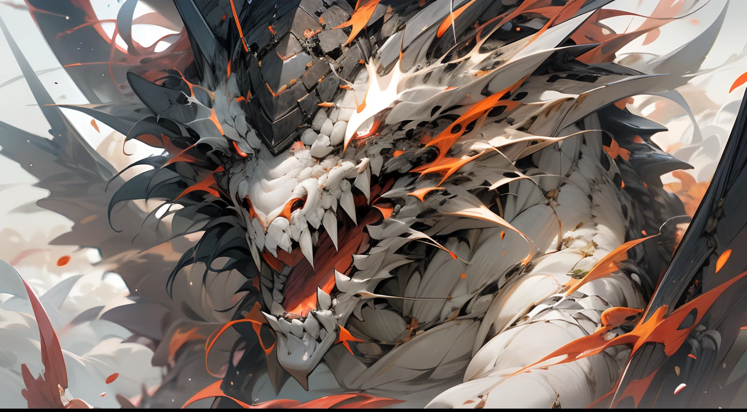 (Masterpiece, Best quality), (The pupils burn like flames), (A dragon),(Hideous and vivid details of the monster's face,Vivid details of the monster's face,Extremely detailed depiction of the monster's face:1.1), Mechanized Dragon,8K分辨率,A masterpiece of deviantart,Red deciduous leaves,White clouds, Powerful energy flow effect, Splash ice and fire effects,Mechanically constructed dragons,Huge broken weapons,Glowing scales,Erupting steam,White scales,Red eyes,Frozen soil,Soar into the sky