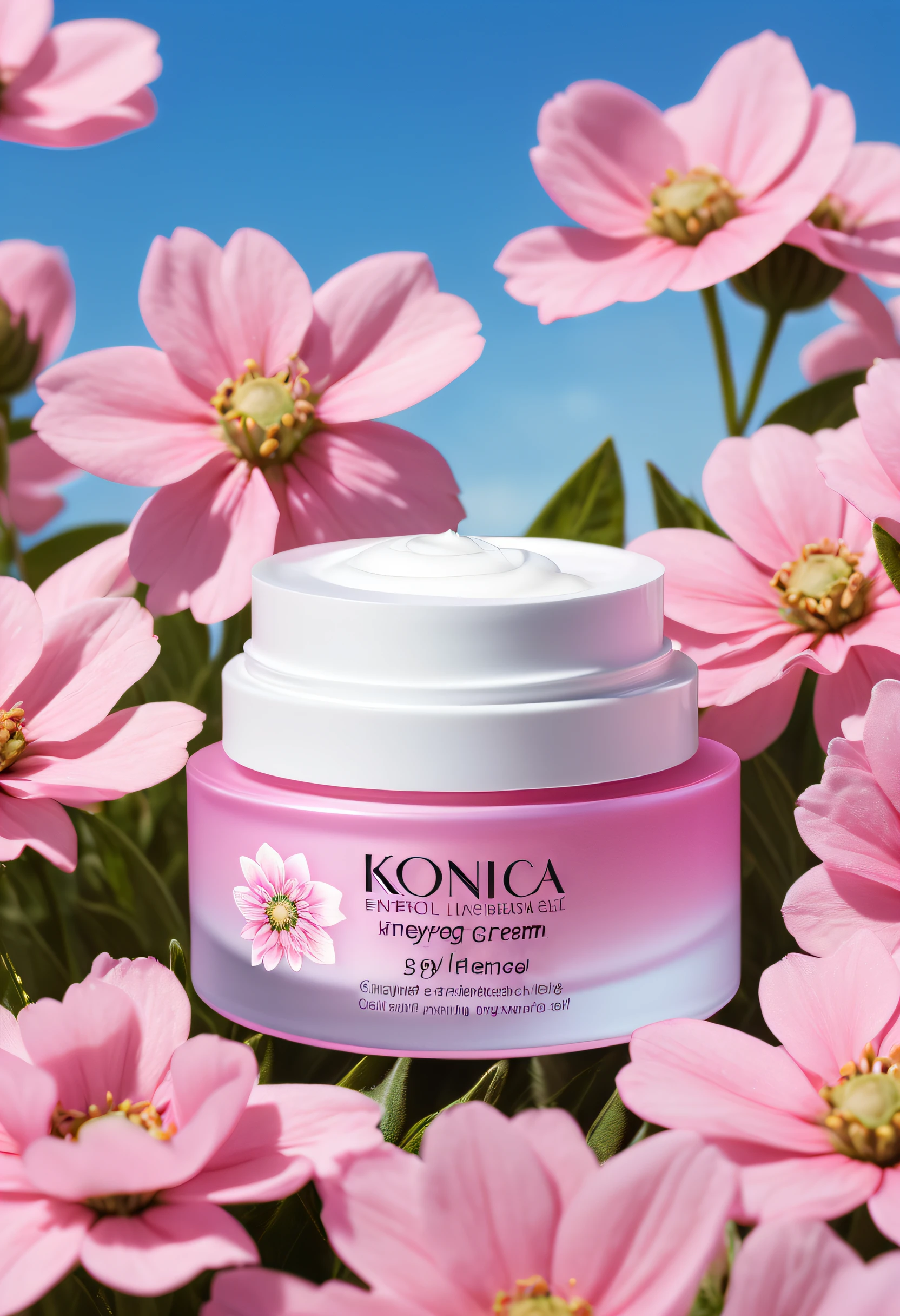 zelah energizing eye cream on pink flowers in the blue sky,in the style of realistic hyper-detailed rendering,blink-and-you-miss-it detail,dynamic outdoor shots,konica hexanon 40mm f/1.8 16k sky::0.5