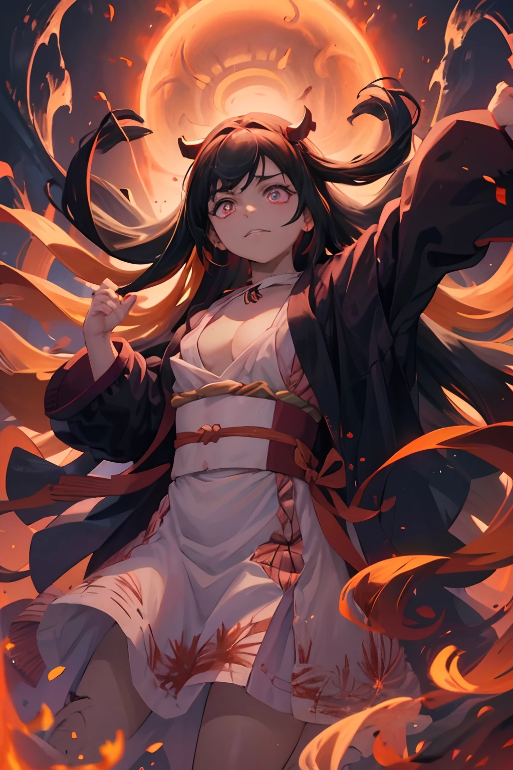 masterpiece, best quality, kamado nezuko, gradient hair, floating hair, long hair, multicolored hair, black hair, orange hair, pink eyes, hair ribbon, pink ribbon, (Bamboo, Bit gag), (Veins, ((Aged up)), cleavage, long nails, red nails, single horn), glowing eyes, blood demon art, glowing blood, splash, action, better hands, perfect hands