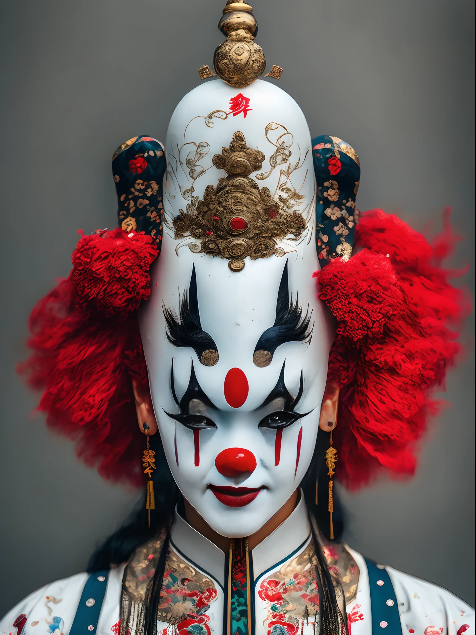 (Close-up of a girl's face)。The clown mask on the left side of the face,The right side is painted with a Peking Opera mask,left right symmetry,Perfect integration
