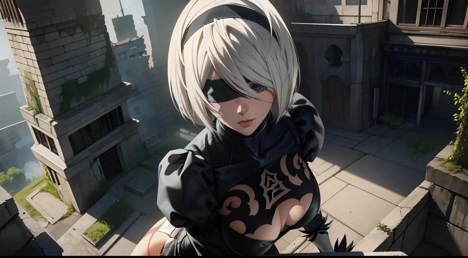 Camera from above, sits on the edge, Sits, Camera from above, Frame from above, shapely legs, sits on the edge of the roof, White Hair Bob, ashy hair, The eyes are covered with a bandage, Cyan eyes, black dress with a short skirt, short black skirt, The skirt covers the buttocks, neckline on the chest, white panty, black stockings, high black boots, high-heeled boots, very extremely beautiful, Slender figure, Full-length(Body Full 1.1),Game nier automata, ruined city, The city, overgrown with plants, Ruins, high detail official illustrations, ((beautiful fantasy girl)),Red Small Breasts, Her breasts are sticking out from under her clothes, BREAK (Master Part: 1.2), Best Quality, High Resolution, photorealestic, photogenic, Unity 8k壁纸, (illustartion: 0.8), (Beautiful detailed bluish-gray eyes: 1.6), extremely detailed face, perfect lighting, extremely detailed CGI , (perfect arms, perfect anatomy), A girl with perfect breasts, beatiful face, master study, intricate details, Detalhes realistas, the anime, (Based on nier automata) the perfect body, The Perfect Girl, perfect details, Ultra HD |, 8K, Professional photo, 2B Sexy Body,