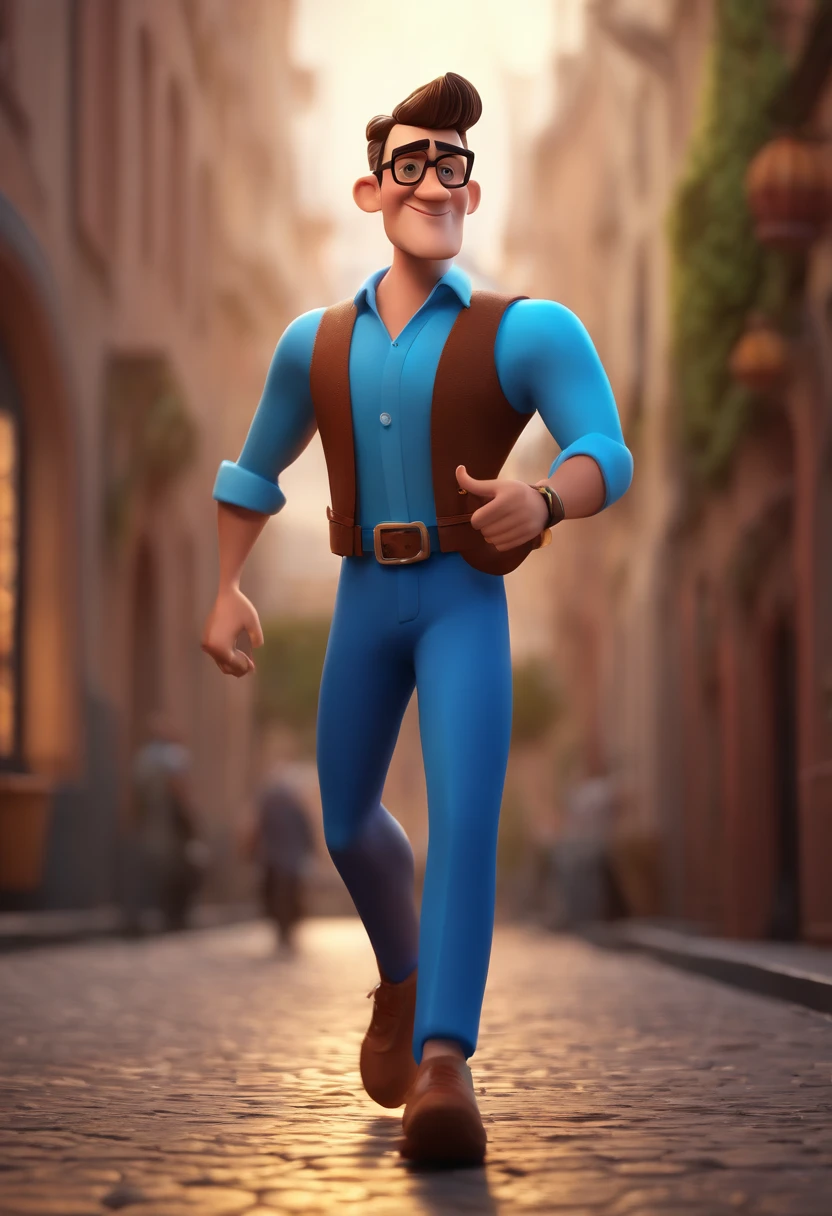 Cartoon character of a man with black glasses and a blue shirt, animation character, Caractere estilizado, animation style rendering, 3D estilizado, Arnold Maya render, 3 d render stylized, toon render keyshot, Personagem 3D, Personagem 3D, 3d rendering stylized, 3 d character render, personagem de desenho animado, Personagem de close up, Pose de personagem,  (Estilo Pixar) (master part:1.2) (Bokeh) (best quality) (pele detalhada) (textura detalhada) (8k) (argila) (Cinematic lighting) (foco nítido