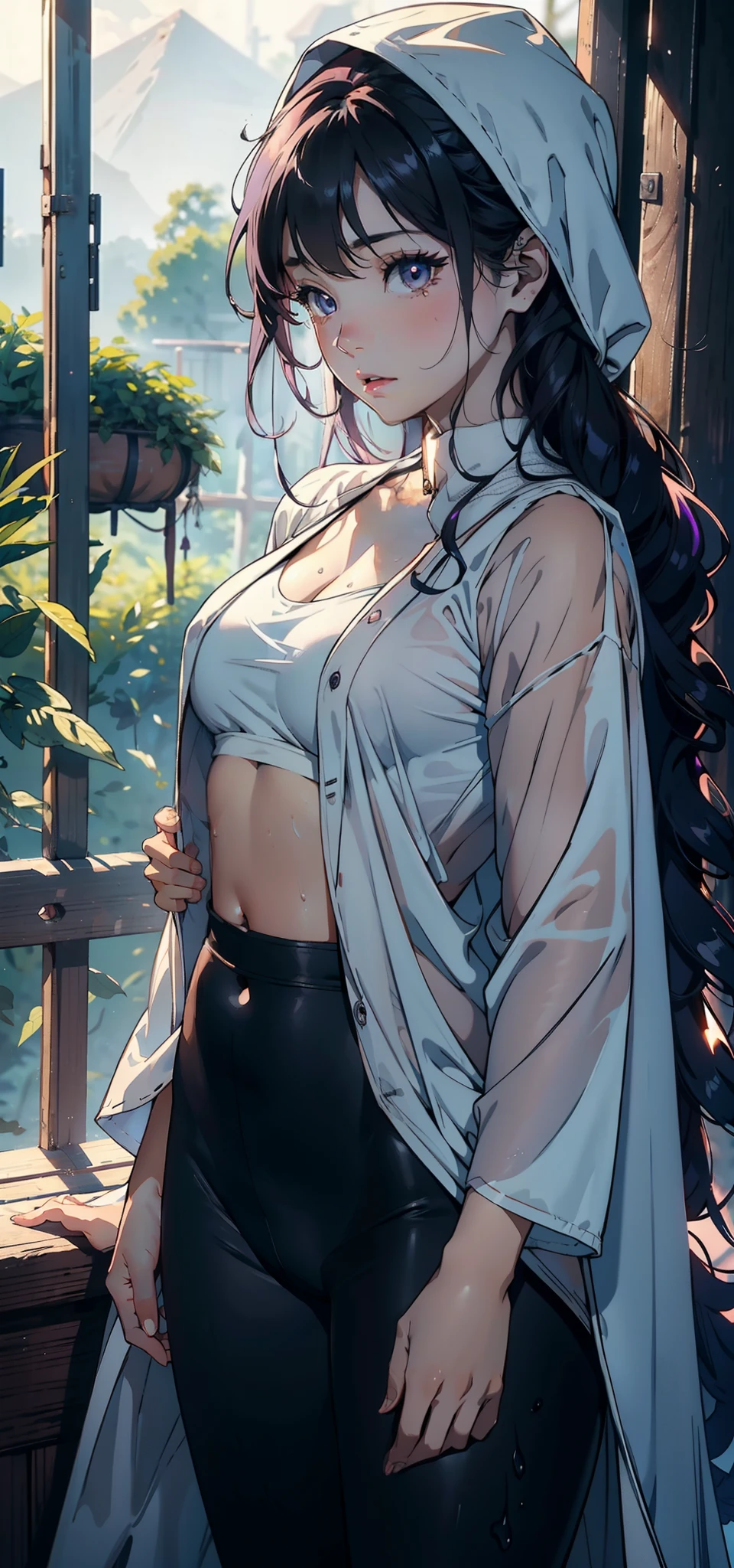 1female,25 age old,Large breasts,long leges,Big breasts Thin waist,Pornographic exposure, 独奏,(Background with:ln the forest,the rainforest,in summer) She has long purple hair,standing on your feet,Sweat profusely,drenched all over the body,seen from the front, curlies, mostly cloudy sky,(((tmasterpiece),(Very detailed CG unity 8K wallpaper),best qualtiy,cinmatic lighting,detailed back ground,beatiful detailed eyes,Bright pupils,(Very fine and beautiful),(Beautiful and detailed eye description),ultra - detailed,tmasterpiece,)),facing at camera,A high resolution,ultra - detailed),revealing breasts,Bare genitalia, Bulge,Camel toes,Raised sexy,Flushed complexion,Open-mouthed,frontage,The brave(Wearing:Loose white shirt,Black leggings,Cloak)nakeness,high-heels