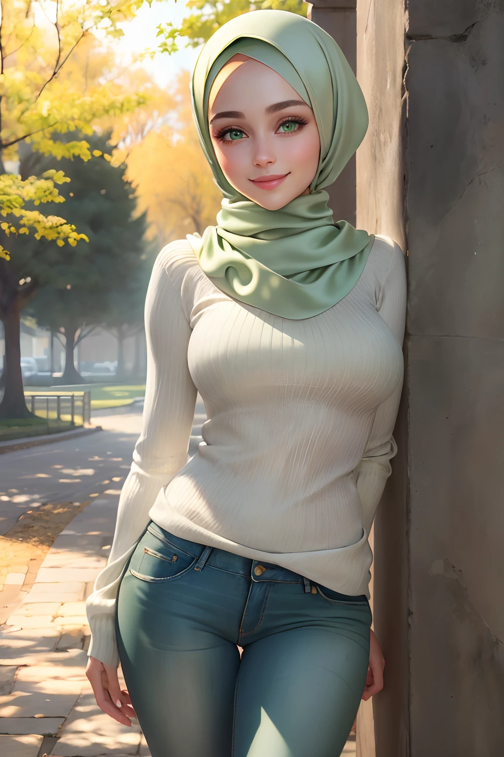 masterpiece, best quality, ultra-detailed, beautiful lighting, Woman, tight jeans, (green eyes:1.3), (white sweater:1.2), wearing (Gray satin hijab), turtleneck, standing up, in park, beautiful scenery, slight blush, smiling, (cute smile:1,1), (glossy lips:1.1), (beautiful eyes:1.1), wonderful backround, closed mouth, arms_behind_back,