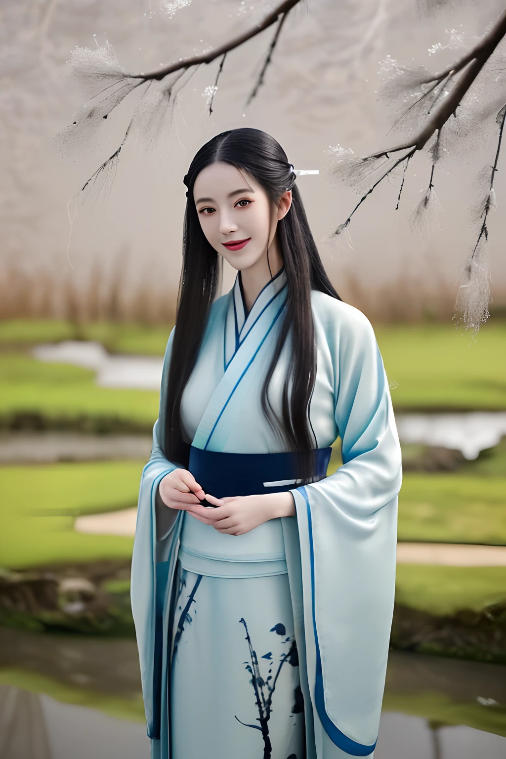 shukezouma, Negative space, , shuimobysim , Portrait of a woman standing , Willow branches, (Masterpiece, Best quality:1.2), Traditional Chinese Ink Painting, ModelShoot style, Peaceful, (Smile), view the viewer, wearing long hanfu, Hanfu, Song, Willow tree in background, wuchangshuo,