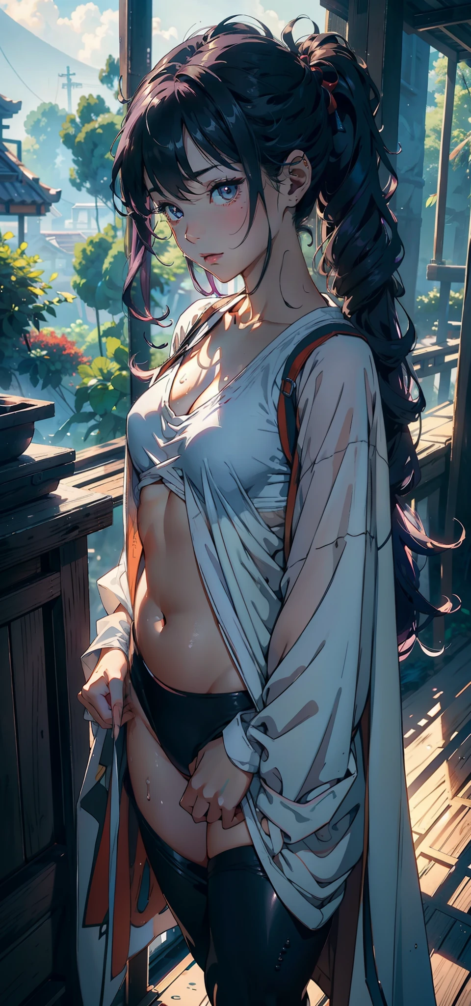 1female,age 5,Small ,Pornographic exposure, 独奏,(Background with:ln the forest,the rainforest,in summer) She has long purple hair,standing on your feet,Sweat profusely,drenched all over the body,seen from the front, curlies, mostly cloudy sky,(((tmasterpiece),(Very detailed CG unity 8K wallpaper),best qualtiy,cinmatic lighting,detailed back ground,beatiful detailed eyes,Bright pupils,(Very fine and beautiful),(Beautiful and detailed eye description),ultra - detailed,tmasterpiece,)),facing at camera,A high resolution,ultra - detailed),revealing breasts,Bare genitalia, Bulge,Camel toes,Raised sexy,Flushed complexion,Open-mouthed,frontage,college aged(Wearing:Loose white shirt,Black leggings,Cloak)nakeness