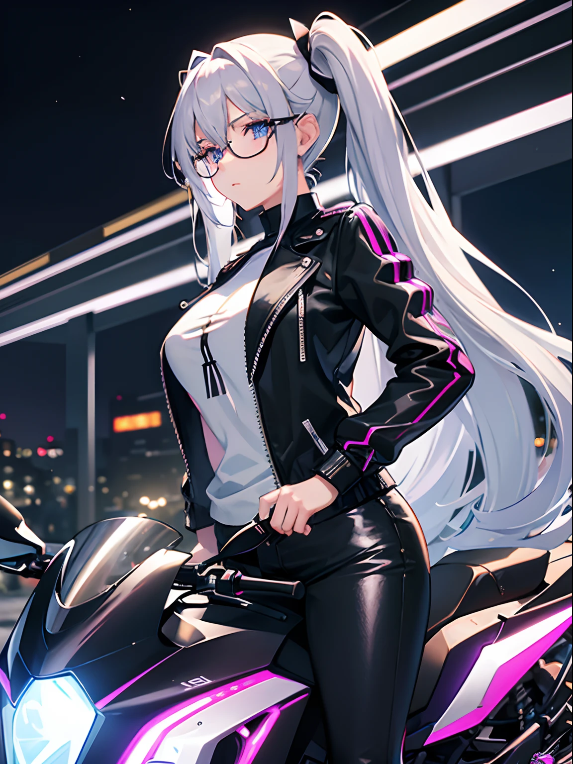 Long hair, Twintail, Light silver hair, Lilac Eyewear, Normal milk, Bikers White Shirt, Bikers Black Jacket, Tight black jeans, motor bikes, during night, smoking tobacco, Wear black gloves,Leaning on the motorcycle,Kawasaki Ninja,Metallic Color,Pink neon,A detailed face,Detailed mech,high-level image quality,masterpiece,nighttime scene,Large Motorcycles,Blue Neon