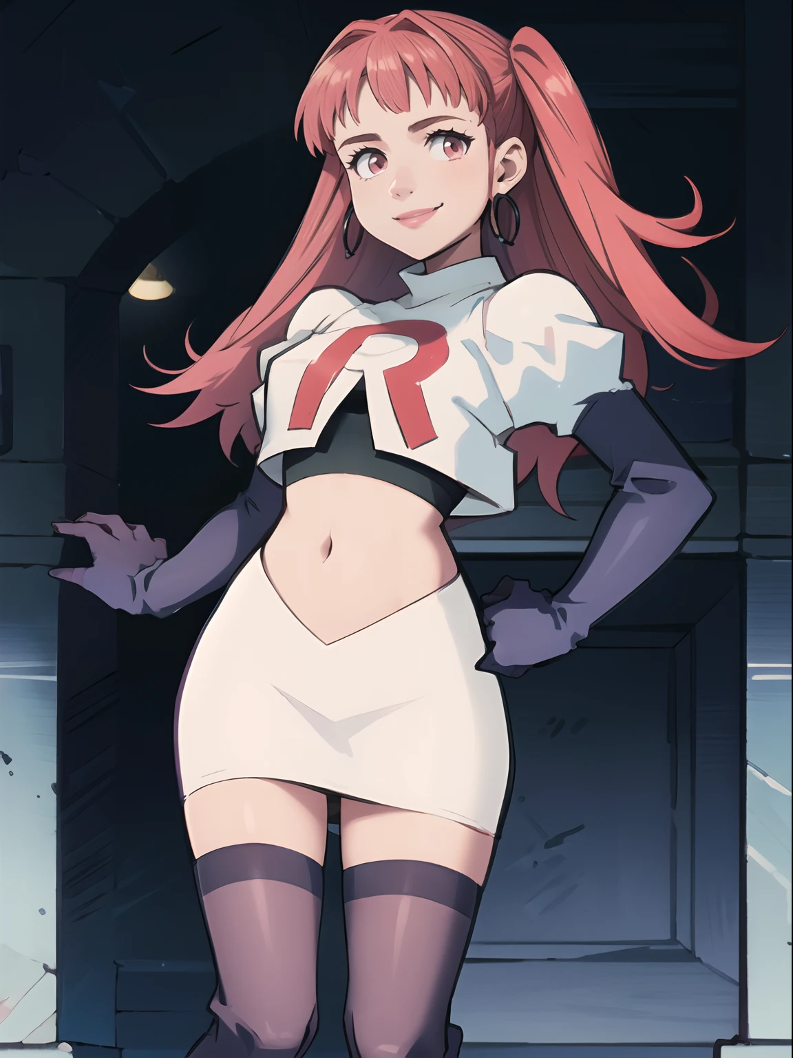 hilda valentine goneril ,rocket,team rocket uniform, red letter R, white skirt,white crop top,black thigh-highs,black elbow gloves, smile