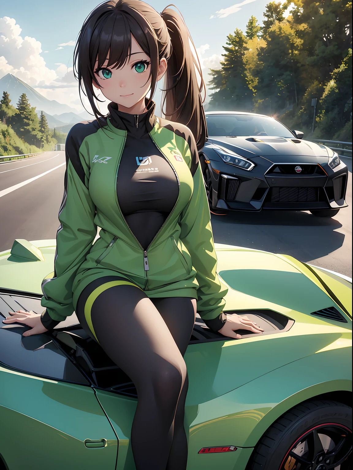 16K, HDR, ray tracing, RTX, ultra realistic, highres, wide angle shot, best quality, masterpiece, full body image, (perfect anatomy ), a cute girl for a photograph sitting on a Nissan gtr hood, wearing short sexy green track suit, big boobs, long brown hair, ponytail, bangs, happy chuckle, green eyes, sexy body, looking at the camera, day time, blue sky, clouds, anime style, outdoors, trending on artstation, WLOP, sakimichan, award wining, great composition, perfect, great lighting, car girl, 1car, Nissan gtr, japan village, cute girl, mountain road, drift girl