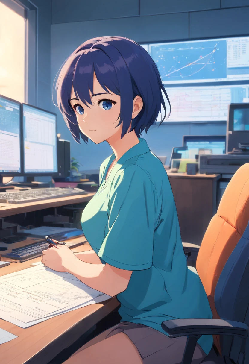 Anime girl sitting at a desk with a computer and a monitor - SeaArt AI