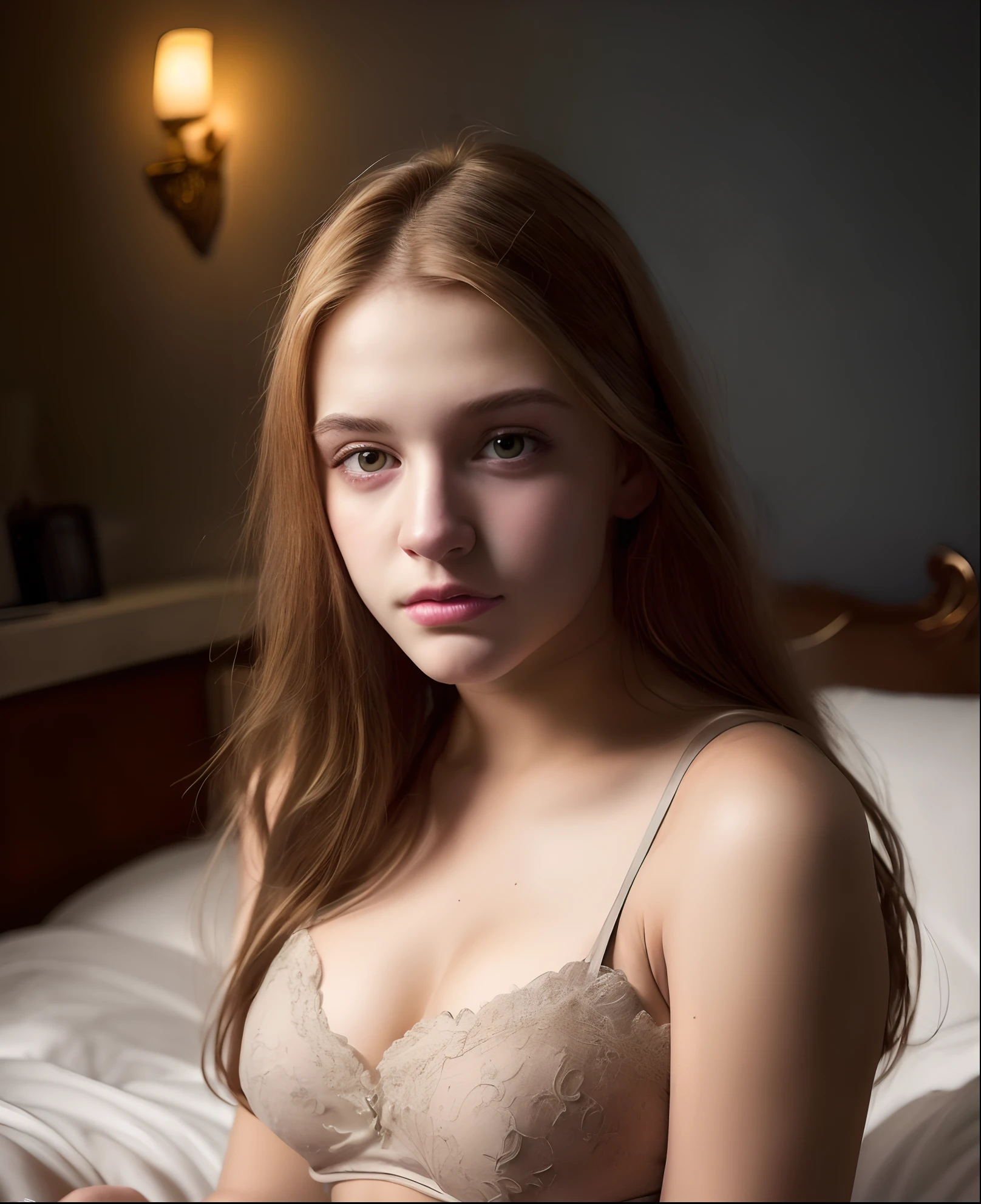 (best quality,hyper-realistic,ultra-detailed,8k), ager, fifteen years old, paleness, full body picture, round face, young face, big blue eyes, very white skin, small nose, delicate, feminine, elegant , white bra, white panties