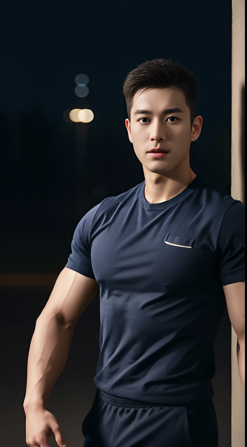 Male police officers in their 20s pose for a group photo...., Wear a navy shirt......................, High-res, tmasterpiece, best qualtiy, Head:1.3,((Hasselblad photograp)), Fine fine skin, Clear focus, (Cinematic lighting), during night, Gentle lighting, dynamic angle, [:(Detailed face:1.2):0.2],(((Exercise))), sport, The arm muscles are very large........., Hands in the crotch.