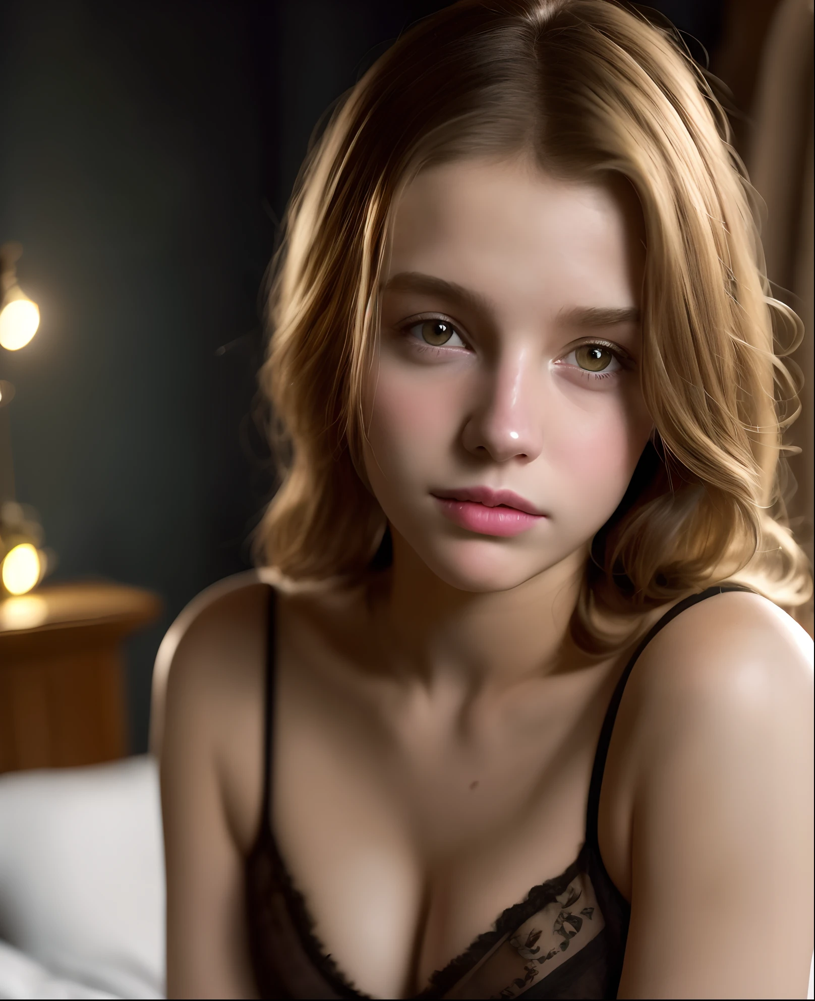 Portrait of a cute 18-year-old teenage girl with a perfect, beautiful face, russian, in panties, in bed, beautiful bust (dark private study, dark, atmospheric light: 1.2)