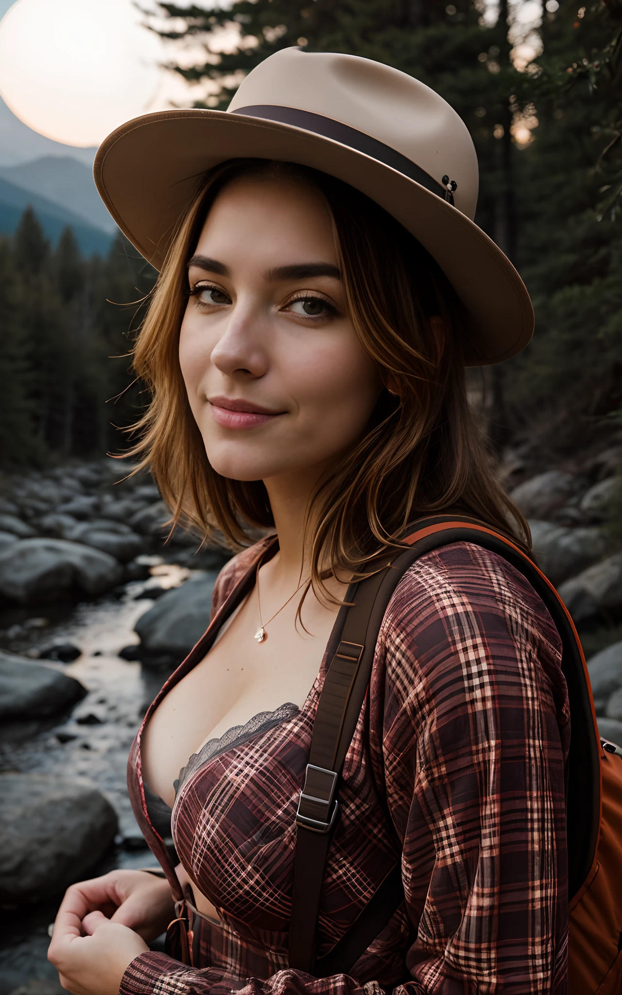 1 woman ((upper body selfie, happy)), masterpiece, best quality, ultra-detailed, solo, outdoor, (night), mountains, nature, (stars, moon) cheerful, happy, backpack, sleeping bag, camping stove, water bottle, country boot, country hat, red plaid shirt long sleeve open, lantern, forest, rocks, river, wood, smoke, shadows, contrast, clear sky, style, (warm hue,  warm tone: 1.2), close-up, cinematic light, side lighting, ultra high resolution, best shadow, RAW, upper body, wearing lingerie, seductive look, huge breasts, 4k, open neckline, sexy