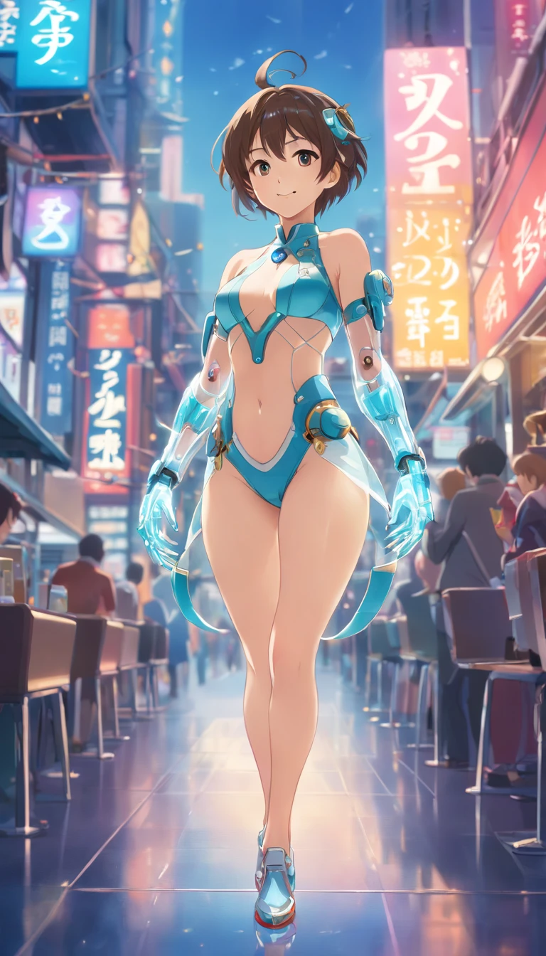 (full body shot  of:1.4), space art, Yoko Kumada、Various sexy poses、Big ass、Thighs that are about to tear、Digging into the skin、large full breasts、1 cheongsam woman，Standing posture，Transparent robot arm，Slender figure，perfectly proportions，Delicate hair accessories, Smile，Transparent Mechanical Shoes, Oriental elements, ( Bokeh)，High quality，4K，。.。.。.。.。.3D