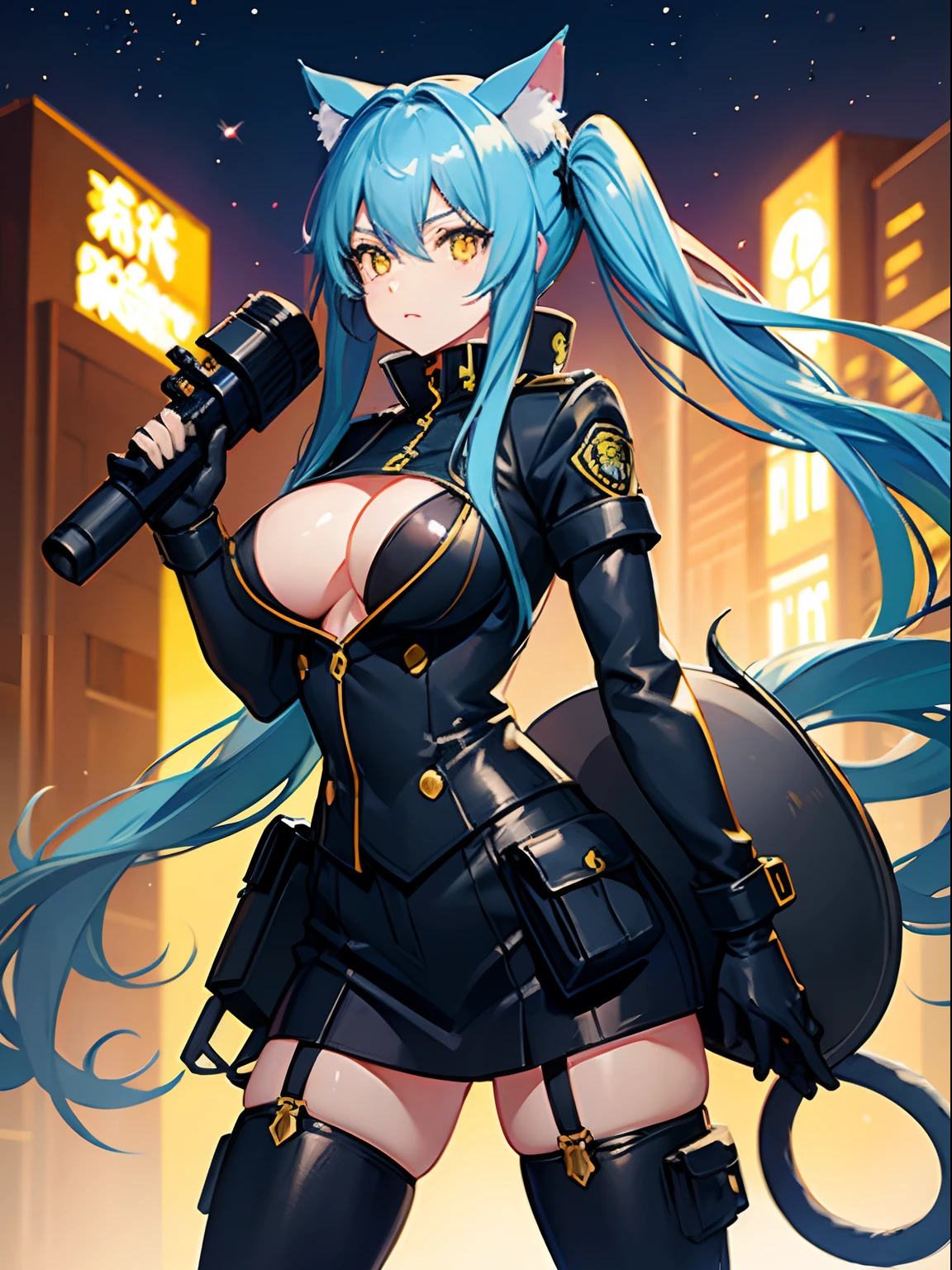 Long Hair, Twintail, Light Blue Hair, Yellow Eyes, Cat Ears, Cat Tail, Big Boobs, Tight Police Uniform, Nighttime, Holding A Helmet, Wearing Black Gloves