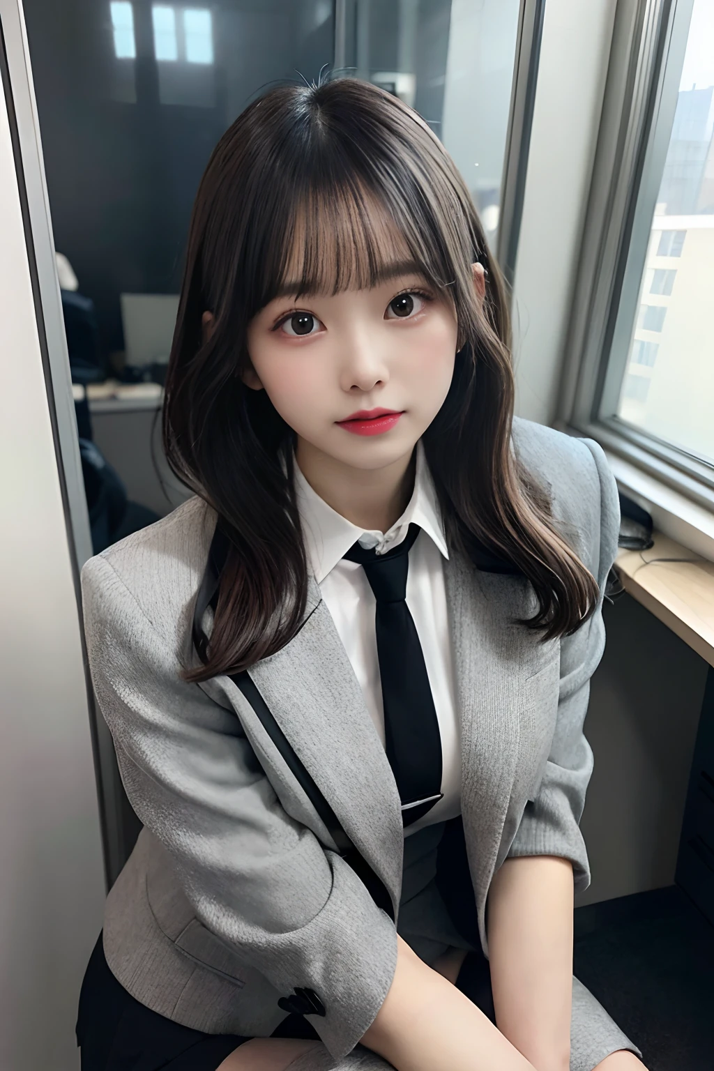 huge tit、g-cup、Woman in grey suit、Wearing a gray miniskirt、Height 145 cm、25-years old、Squatting in an empty office、I'm looking at it from above