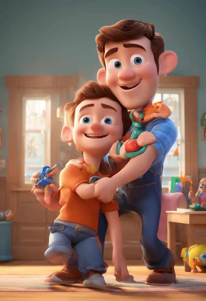 Estilo Pixar: The grown man is holding a naked blue-eyed boy and in his other hand he is holding a pair of scissors and is trying to cut off the boy's testicles,3D Poster,Disney