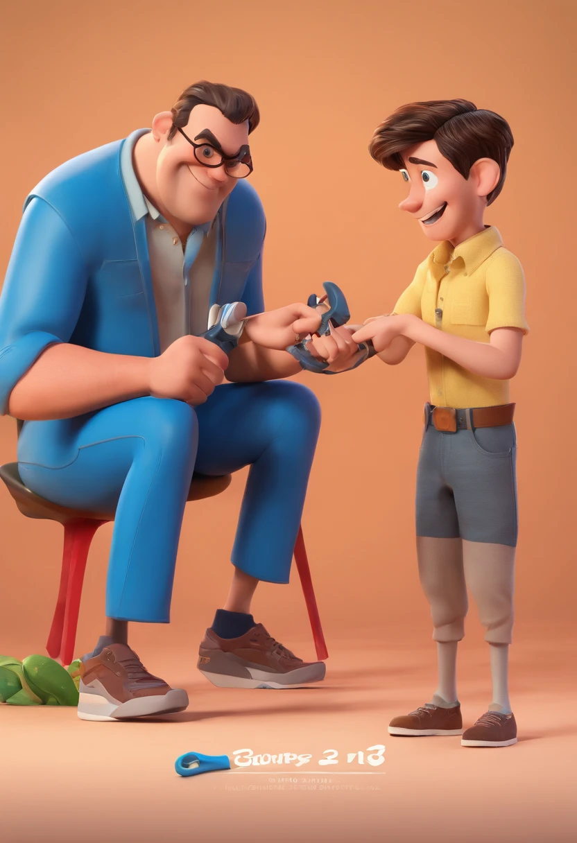 Estilo Pixar: The grown man is holding a naked blue-eyed boy and in his other hand he is holding a pair of scissors and is trying to cut off the boy's testicles,3D Poster,Disney