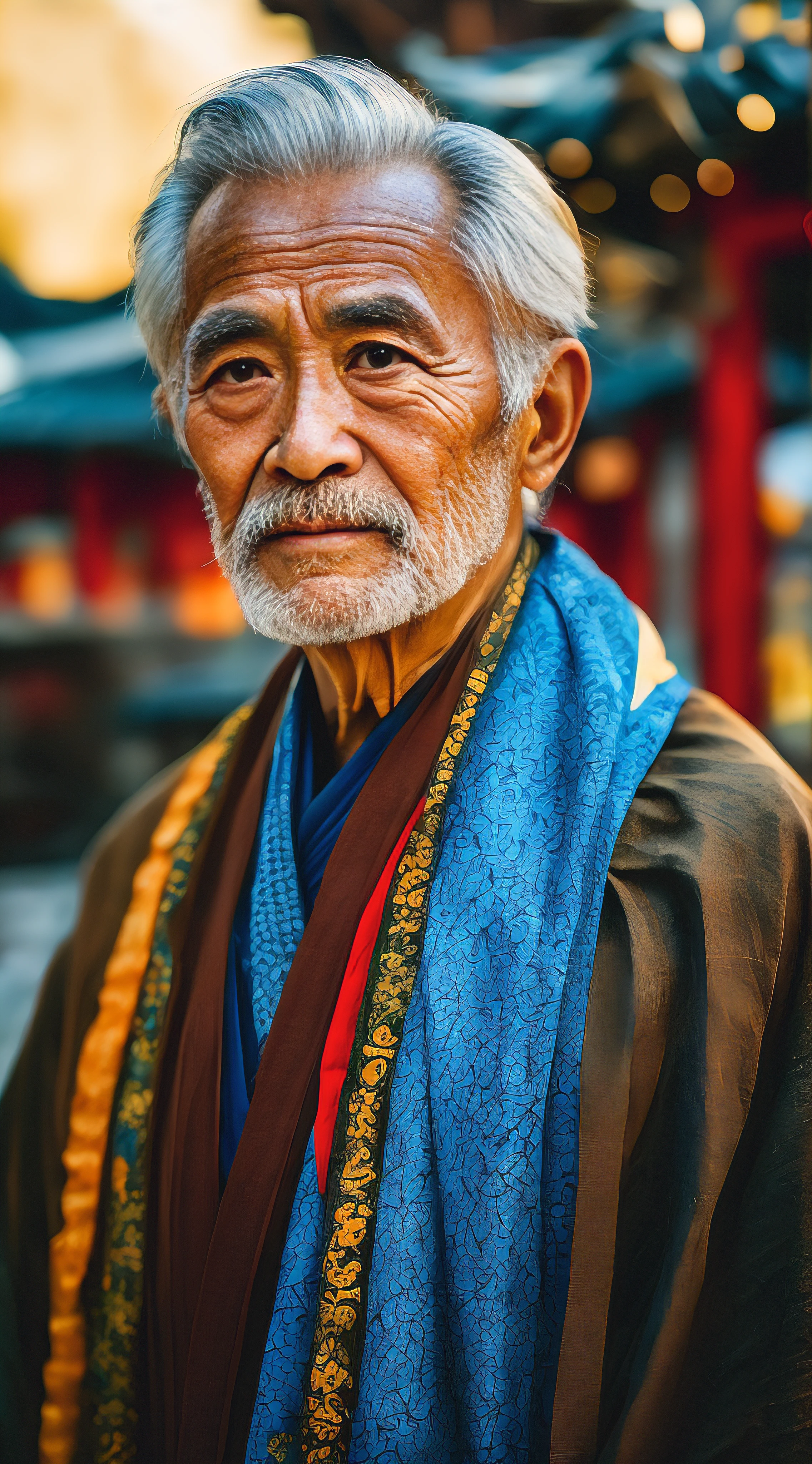 One with a white beard,Old man wearing a blue scarf, Wise old man, portrait of monk, ancient japanese monk, peaceful expression, color photograph portrait 4k, An old man, Taoist, Asian people, Serene expression, portrait photo of an old man, buddhist monk, 50mm portrait, inspired by Nam Gye-u, monk clothes
