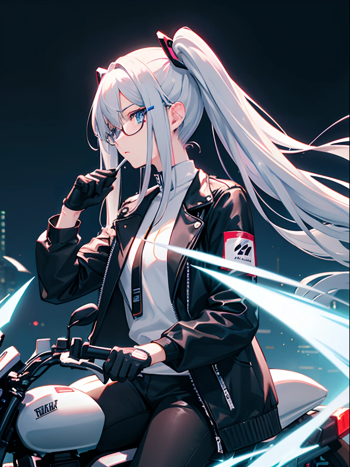 Long hair, Twintail, Light silver hair, Lilac Eyewear, Normal milk, Bikers White Shirt, Bikers Black Jacket, Tight black jeans, Racing Bikes, during night, smoking tobacco, Wear black gloves,Leaning on the motorcycle,Kawasaki Ninja,Metallic Color,Pink neon,A detailed face,Detailed mech,high-level image quality,masterpiece,nighttime scene,Large Motorcycles,Blue Neon