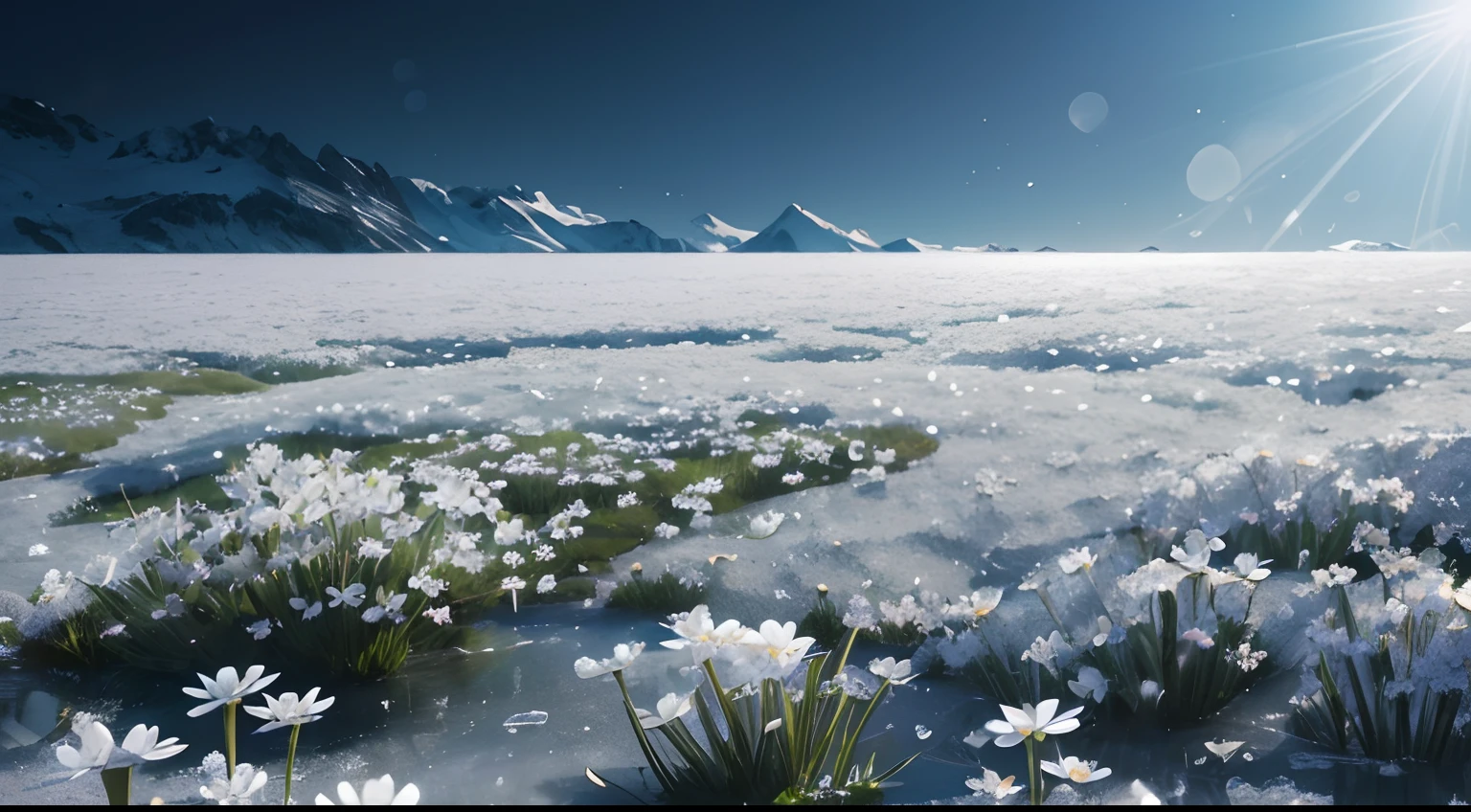 (Ultra-detailed spring scenery) , Brushed edelweiss flowers, jello, Sparkling Ice, Freeze in time.Dark atmosphere, ice crystal, serene ambiance, soft diffused light morning