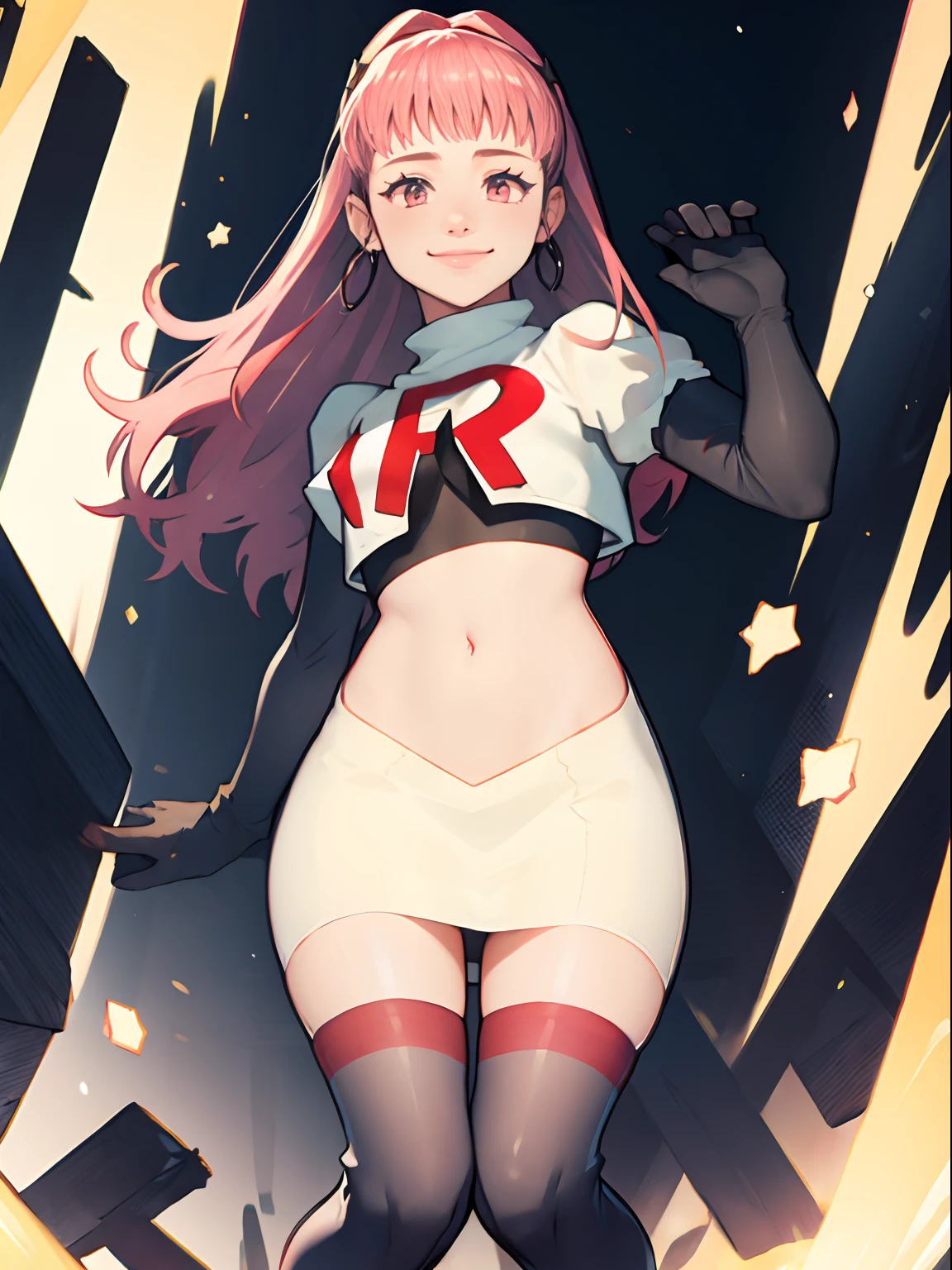 hilda valentine goneril ,rocket,team rocket uniform, red letter R, white skirt,white crop top,black thigh-highs,black elbow gloves, smile