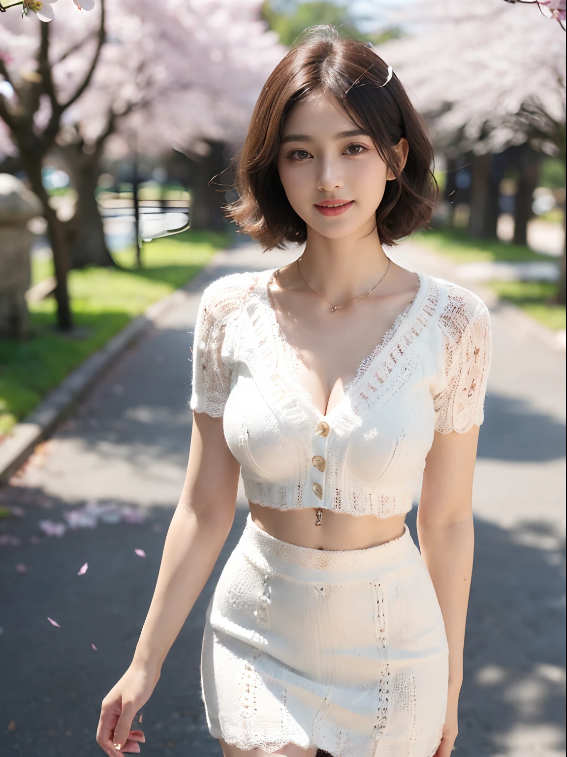 ((((top-quality))))、(((Ultra Precision CG16K Wallpapers)))、(((masterpiece)))、(((ultra-detailliert)))、(((Ultra-extreme details)))、One woman、a matural female、a 25yo woman、((Japanese face))、((extremely beautiful face))、((assist々Kiki:1.8))、((bob cuts:1.2))、(curly hair)、Bangs up to the eyebrows、Beautiful brown hair、Beautiful delicate eyes、Brown eyes、lofty nose、small nostrils、seductive lips、slightly open mouth、Beautiful breasts、C-cup size breasts、cleavage of the breast、Plump body、perfectly proportions、perfect anatomia、Beautiful and detailed shading、Beautiful natural lighting、Beautiful detail glow、depth of fields、(((a high chroma)))、((realisitic:1.9))、((Vivid:1.4))、((Beautiful skin))、((Skin texture))、((Realistic skin feeling))、perfect-composition、((cowboy shot、thigh))、((Angle of view from the front))、((a smile:1.2))、(Staring eyes)、Bright sunshine、((Walking along the cherry blossom trees:1.2))、(Background blur)、((White two-piece mini skirt dress、Lace knitting:1.5))、(a necklace)、(耳Nipple Ring)、