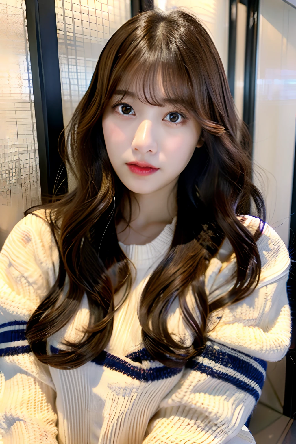 Woman in her late 20s、curtain bangs、dark brown hair、loose wavy hair、Korean Hair