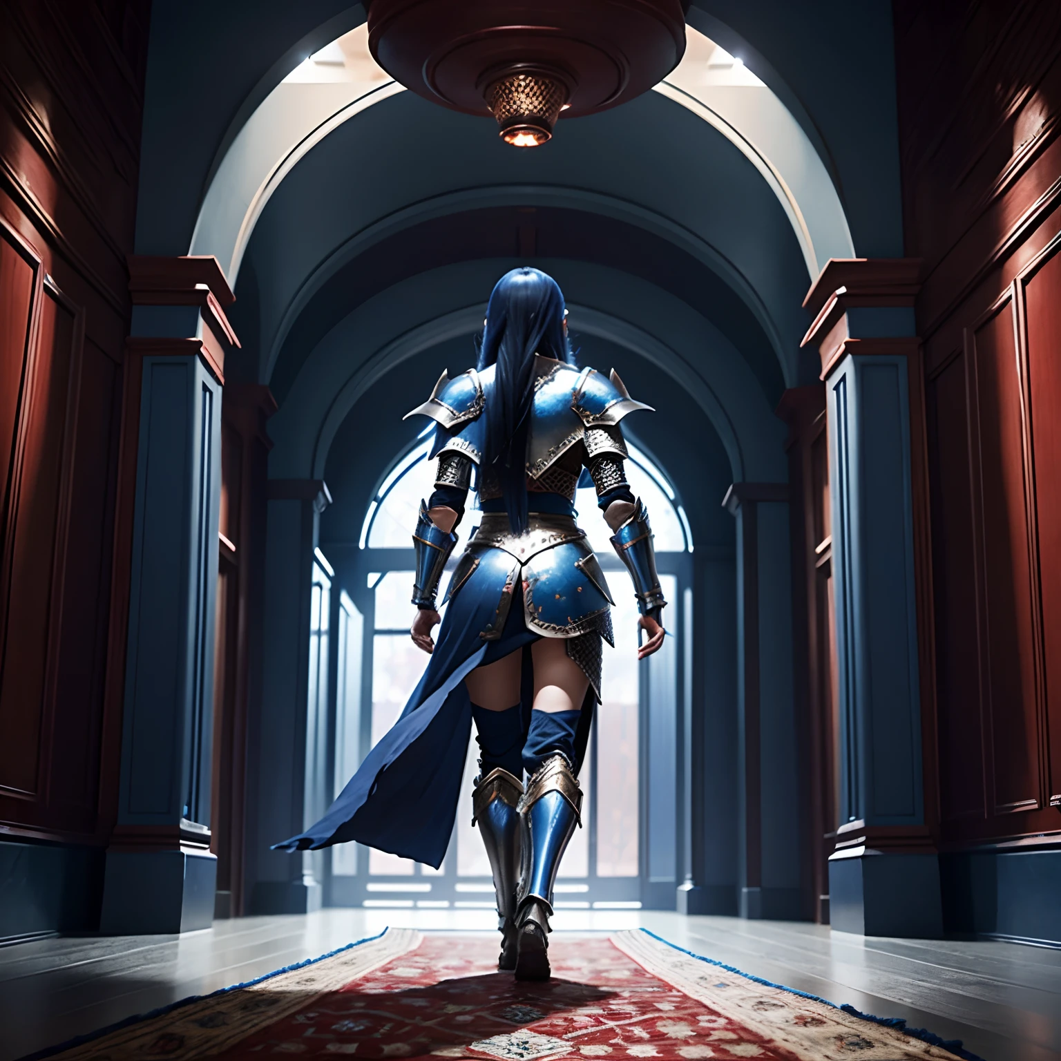 One adult woman with dark blue hair, sapphire blue color eyes, walking away from the camera, in a red metal ship, angry, fancy rug, wearing scale mail armor, armored greaves,