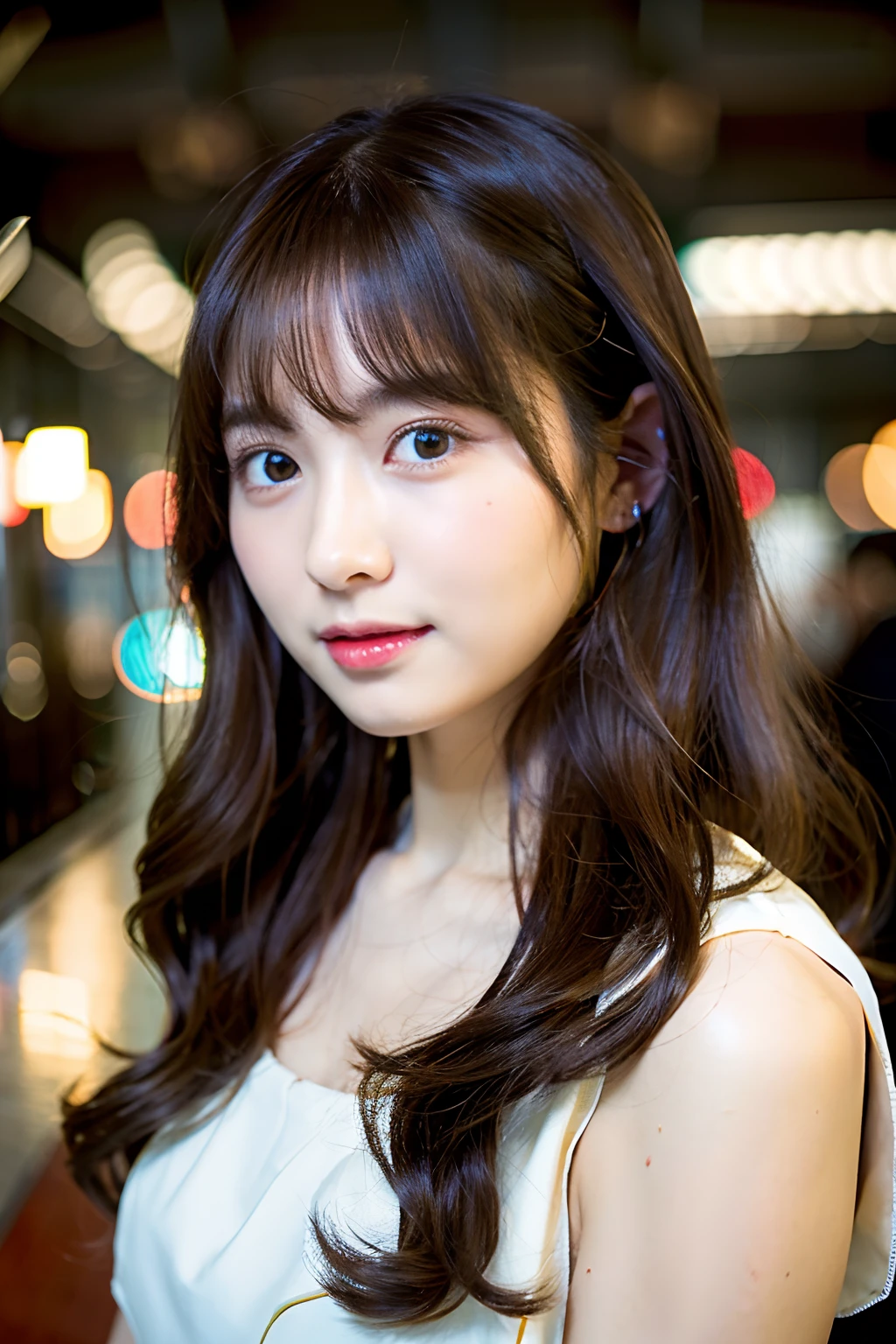 1人、curtain bangs、Dark brown hair、Loose wavy hair、