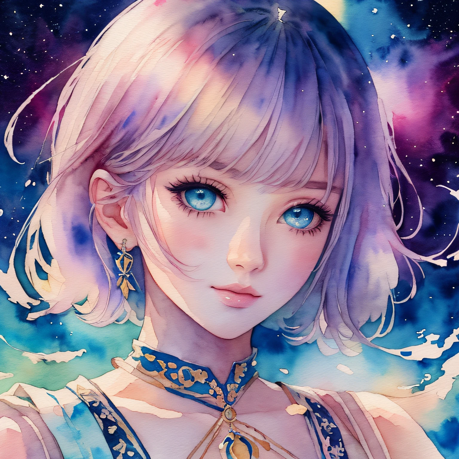(Best Quality), (Masterpiece: 1.2), (Colorful: 0.9), (Ink Splash), (Color Splash), ((Watercolor)), Sharp Focus, (Portrait Summer Goddess: 1.5), Cute Look, Elegant Pastel Haircut, Beautiful and Detailed Face and Eyes, Elegant Clothes, Summer Starry Sky Background, Colored Water