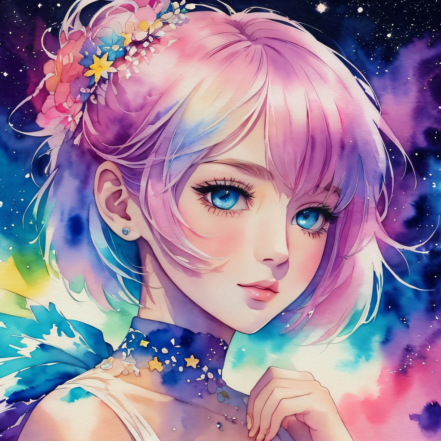 (Best Quality), (Masterpiece: 1.2), (Colorful: 0.9), (Ink Splash), (Color Splash), ((Watercolor)), Sharp Focus, (Portrait Summer Goddess: 1.5), Cute Look, Elegant Pastel Haircut, Beautiful and Detailed Face and Eyes, Elegant Clothes, Summer Starry Sky Background, Colored Water