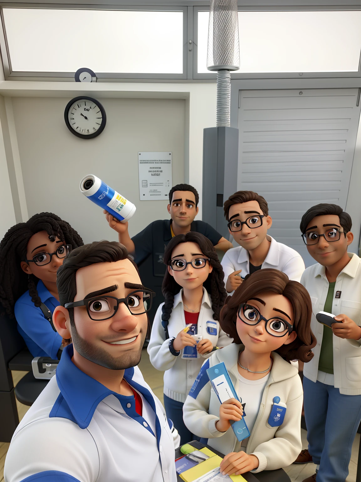 best quality, master part, (Realistic:1.2), equipe feliz, eyeglass, olhos castanhos,frente, Rosto detalhado, Olhos bonitos