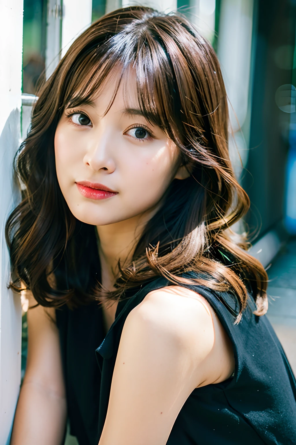 Woman in her early 30s、curtain bangs、dark brown hair、loose wavy hair、Korean Constriction Hair