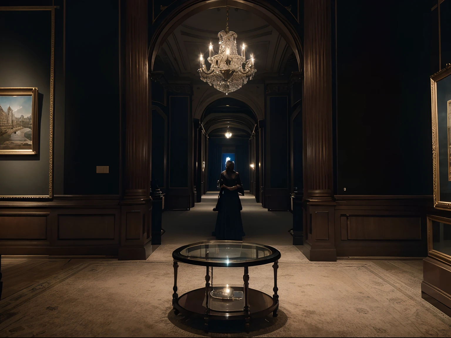 The background image portrays a nighttime scene inside a museum, with the dimly lit room illuminated by ambient light seeping in through large windows. In one corner of the room, there is a special display area with a protective glass casing lit by a soft, crimson spotlight. Within the glass casing lies the centerpiece of the exhibit, the "Crown Jewel," resting on a sturdy pedestal. The Crown Jewel emanates a deep, mesmerizing shade of oceanic blue, radiating an aura of mystique. In its brilliance, it hints at the enigmatic allure that has made it a legend. Behind the Crown Jewel, there is a magnificent painting of the city of London, featuring iconic landmarks such as the Westminster Bridge and the meandering River Thames. The painting adds to the allure of the jewel, as it ties it to the rich history and culture of the city. On the left side of the room, a group of individuals is caught in a suspenseful moment, navigating through the museum's elaborate security system, dressed entirely in black attire, equipped with tools and gadgets fit for a high-stakes heist. This image description captures the atmosphere of tension, mystery, and drama, encapsulating the perfection and value of the Crown Jewel while hinting at the danger and excitement faced by the daring thieves in their captivating journey to seize the gem.