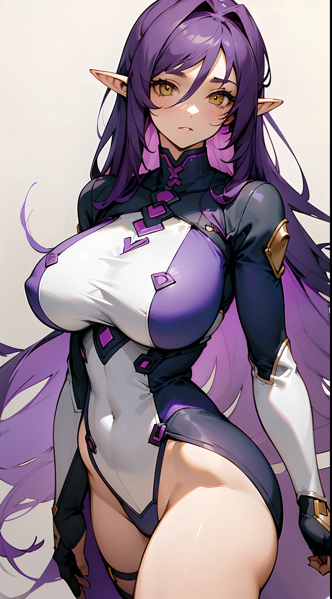 Beautiful woman , ((large chest:1)) , ((dark purple hair:1)) , has elf ears , yellow eyes , thick body , curvy body , extremely long hair , Age 36
(masterpiece, best quality )detailed, 1Character , pastel washed out colors , cell shade , soft, muted shades ,gentle colors ,
Wearing a mix of sword art online and futuristic style clothes ,