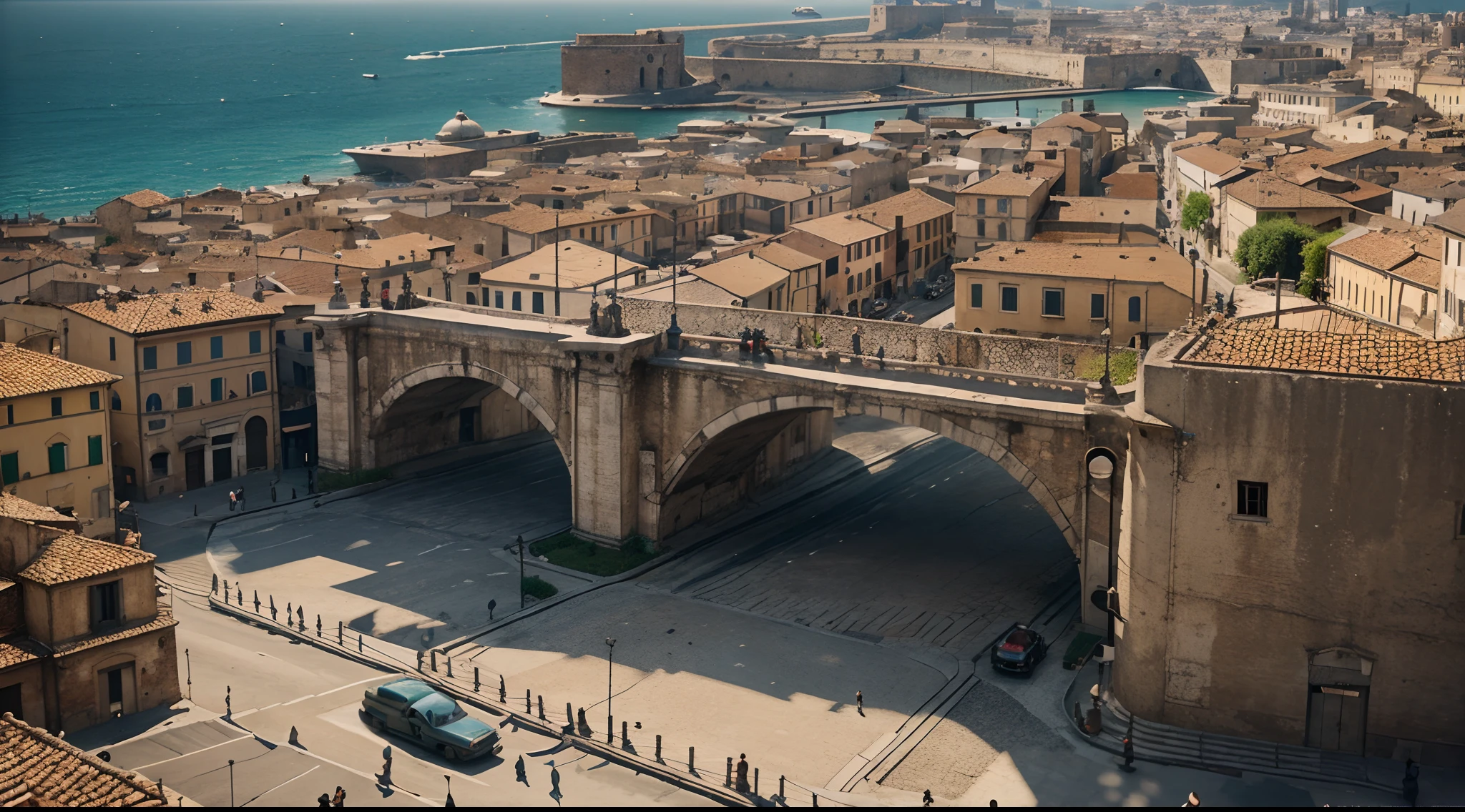 landscape of a city, 1940, Italian old city, long shot, overview, photorealistic, Pixar animation style, beautiful lighting, octane render, wide shot, Day light, 8K, HD