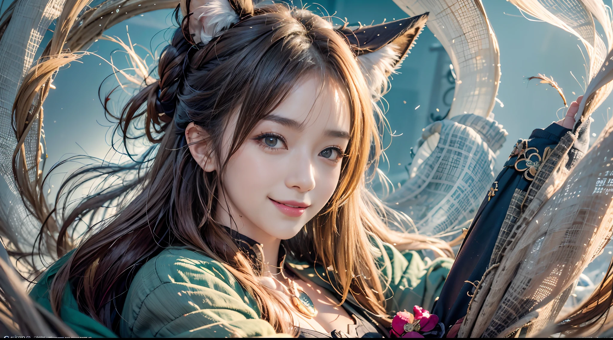 1girll,Solo, Happy smiling official art, Smile，Unity 8k wallpaper, Ultra detailed, Beautiful and aesthetic, Beautiful, Masterpiece, Best quality, Kitsune witch, kitsune mask, Pink and white haori jacket, Foxfire spell, The fox is familiar, Transformation,Depth of field